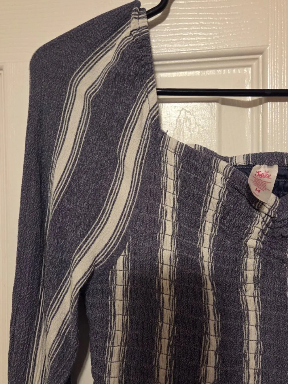 🚸4/$12🚸Justice Blue and White Striped Smocked Long-Sleeve Romper Size XL 14/16